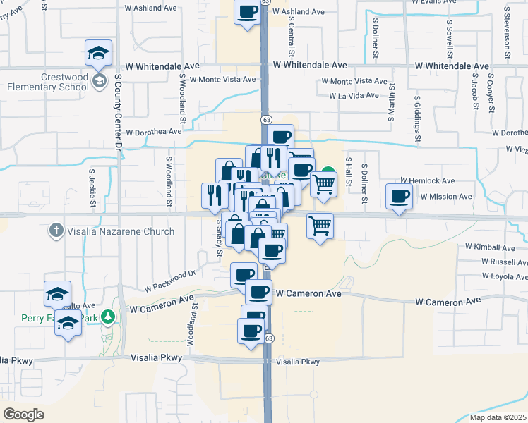 map of restaurants, bars, coffee shops, grocery stores, and more near 3501 South Mooney Boulevard in Visalia