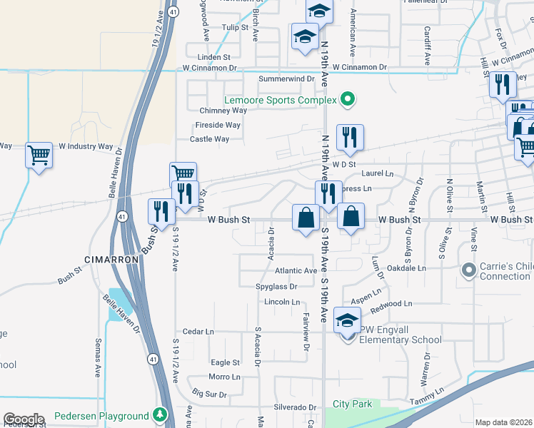 map of restaurants, bars, coffee shops, grocery stores, and more near 19 Acacia Drive in Lemoore