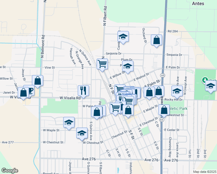 map of restaurants, bars, coffee shops, grocery stores, and more near 302 North F Street in Exeter