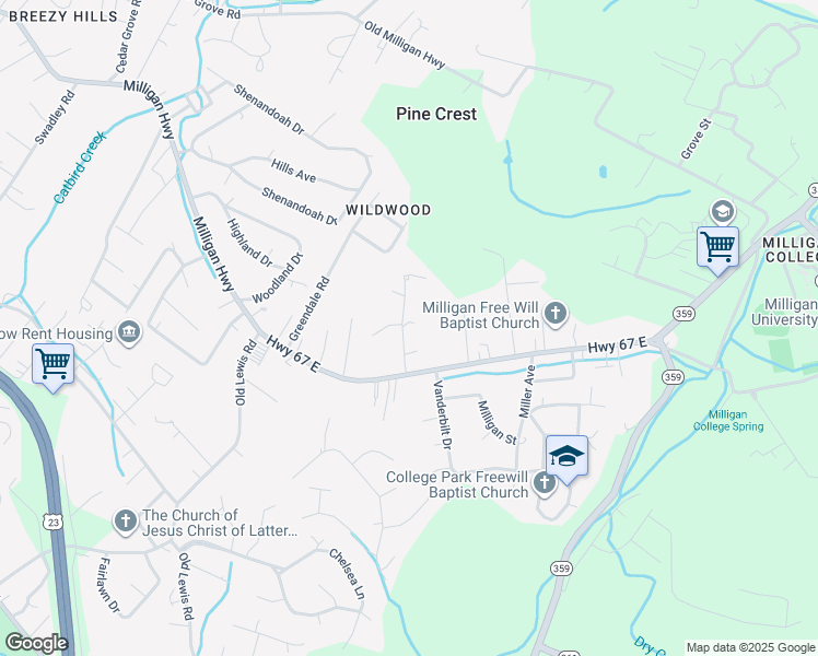 map of restaurants, bars, coffee shops, grocery stores, and more near 124 Grandview Rd in Johnson City