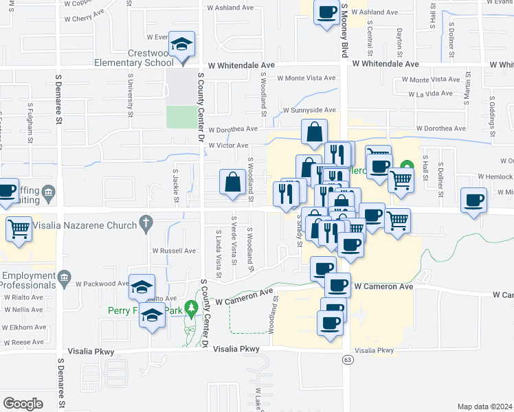 map of restaurants, bars, coffee shops, grocery stores, and more near 2530 West Caldwell Avenue in Visalia