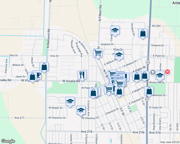 map of restaurants, bars, coffee shops, grocery stores, and more near 337 North Quince Avenue in Exeter