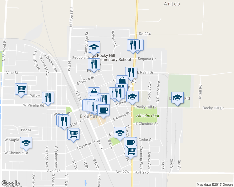 map of restaurants, bars, coffee shops, grocery stores, and more near 266 East Palm Street in Exeter