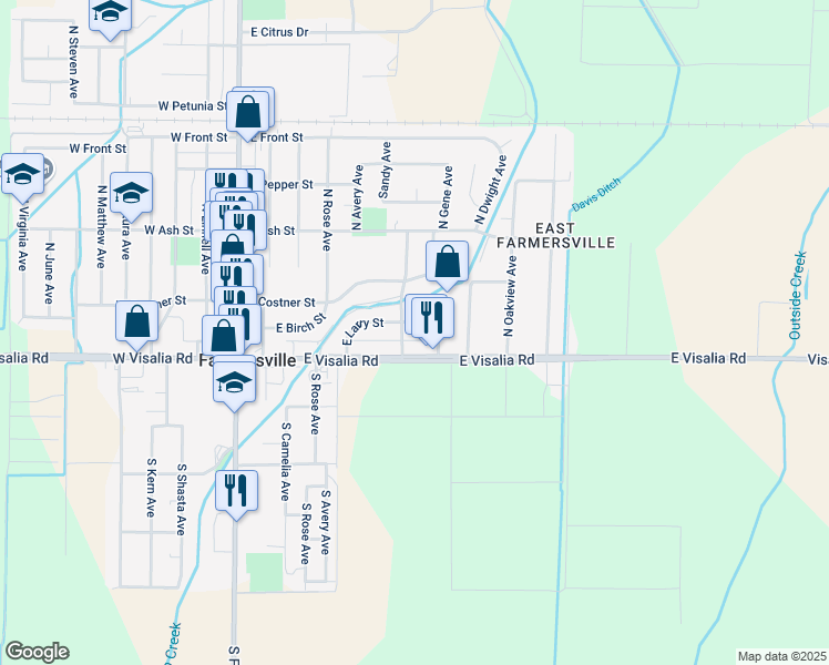 map of restaurants, bars, coffee shops, grocery stores, and more near 198 North Hester Avenue in Farmersville