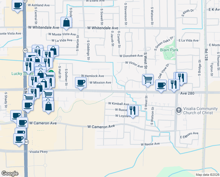 map of restaurants, bars, coffee shops, grocery stores, and more near 3523 South Creekside Court in Visalia