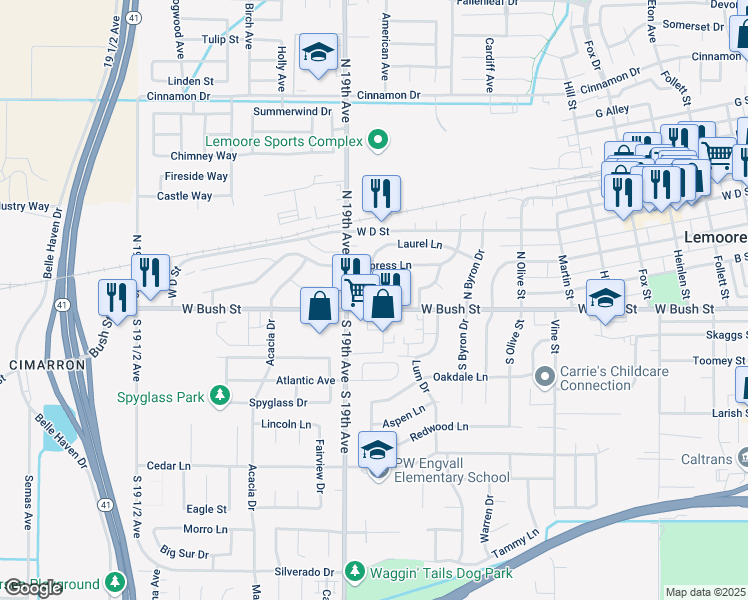 map of restaurants, bars, coffee shops, grocery stores, and more near 1130 West Bush Street in Lemoore