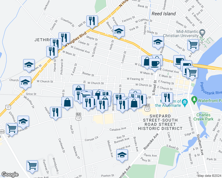 map of restaurants, bars, coffee shops, grocery stores, and more near 702 McPherson Street in Elizabeth City