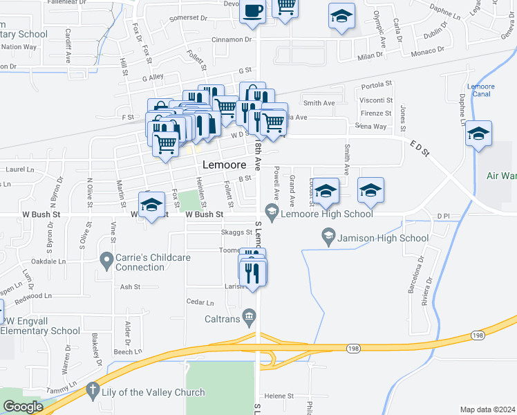 map of restaurants, bars, coffee shops, grocery stores, and more near 0 North Lemoore Avenue in Lemoore