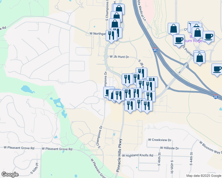 map of restaurants, bars, coffee shops, grocery stores, and more near 4100 South Grand Avenue in Rogers