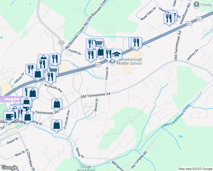 map of restaurants, bars, coffee shops, grocery stores, and more near 20 Forest Drive in Jonesborough