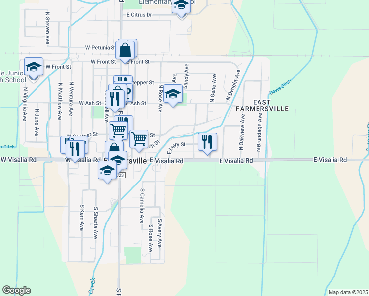 map of restaurants, bars, coffee shops, grocery stores, and more near 633 East Larry Street in Farmersville
