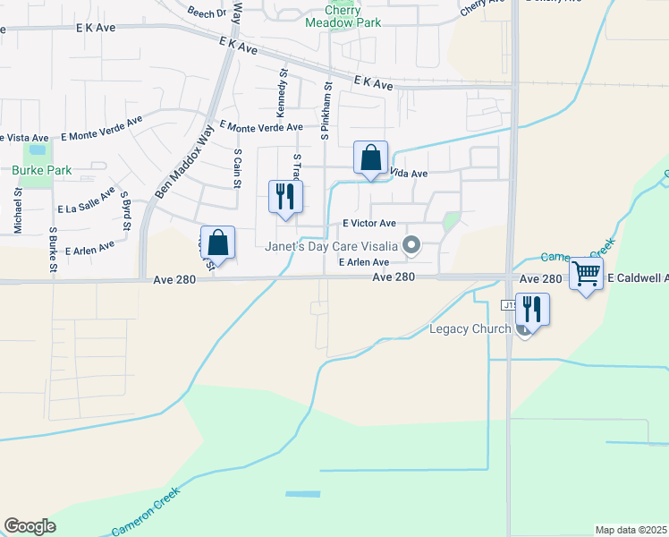 map of restaurants, bars, coffee shops, grocery stores, and more near 2143 East Arlen Avenue in Visalia