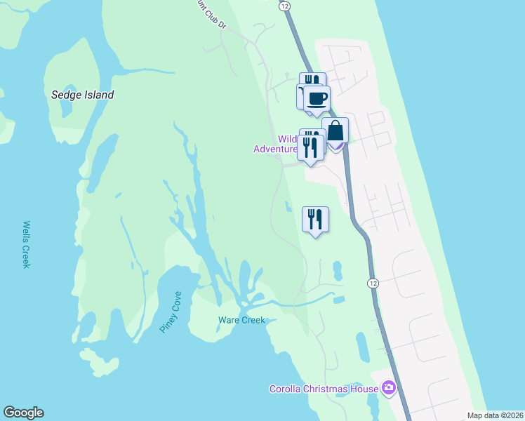 map of restaurants, bars, coffee shops, grocery stores, and more near 608 Hunt Club Drive in Corolla