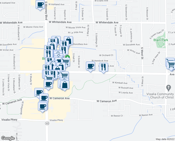 map of restaurants, bars, coffee shops, grocery stores, and more near 3537 South Lincoln Court in Visalia