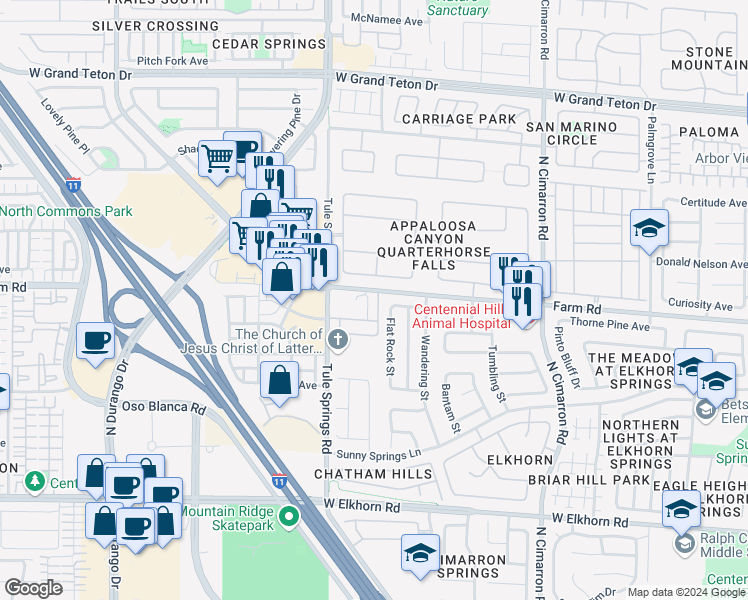 map of restaurants, bars, coffee shops, grocery stores, and more near 7553 Virginia Dale Street in Las Vegas