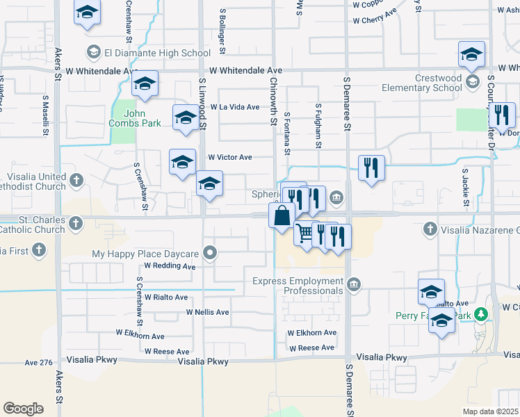 map of restaurants, bars, coffee shops, grocery stores, and more near 4139 West Mission Court in Visalia