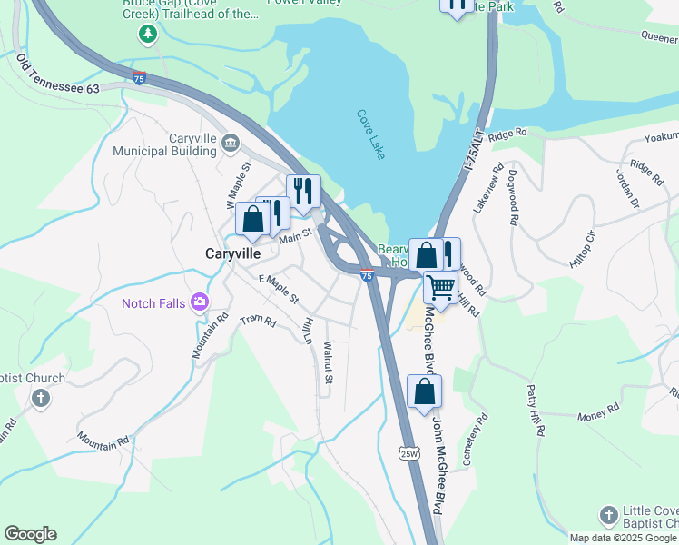 map of restaurants, bars, coffee shops, grocery stores, and more near 140 Lake Lane in Caryville