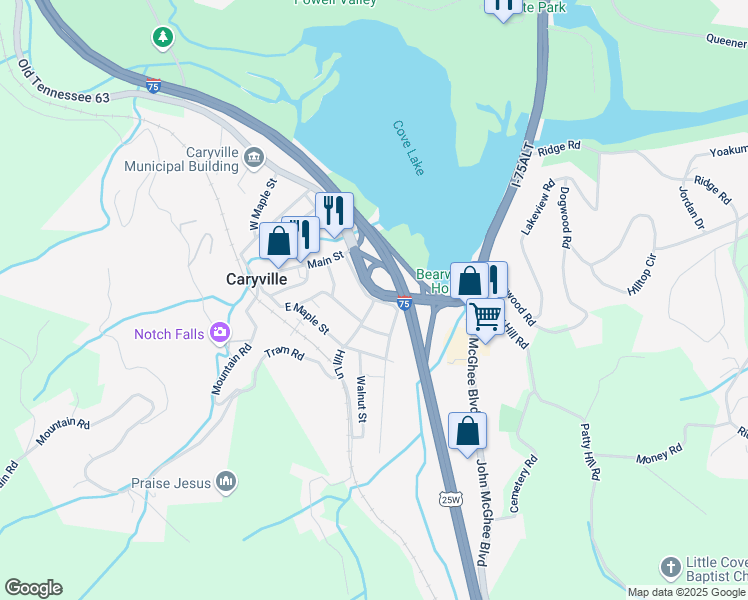 map of restaurants, bars, coffee shops, grocery stores, and more near 140 Lake Lane in Caryville