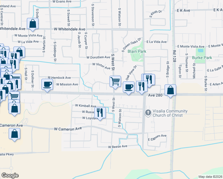 map of restaurants, bars, coffee shops, grocery stores, and more near 3521 South West Street in Visalia