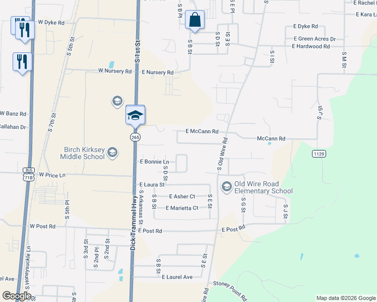 map of restaurants, bars, coffee shops, grocery stores, and more near 2903 South E Street in Rogers