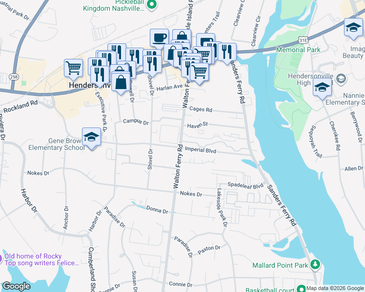 map of restaurants, bars, coffee shops, grocery stores, and more near 213 Walton Ferry Road in Hendersonville