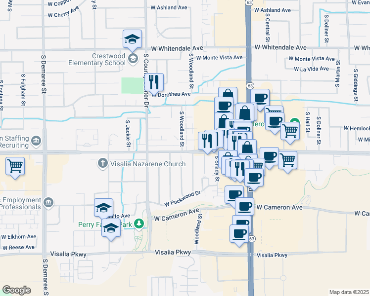 map of restaurants, bars, coffee shops, grocery stores, and more near 3530 South Woodland Street in Visalia