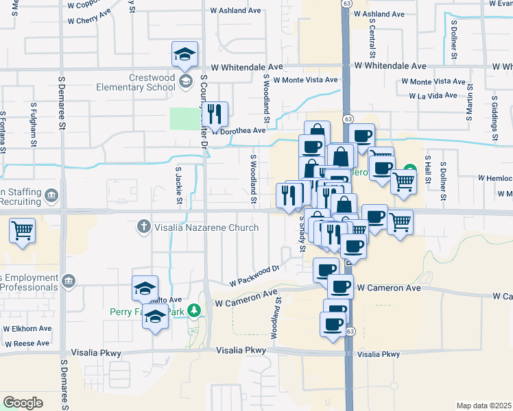 map of restaurants, bars, coffee shops, grocery stores, and more near 3532 South Woodland Street in Visalia