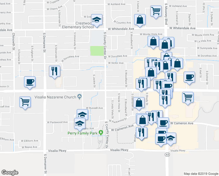 map of restaurants, bars, coffee shops, grocery stores, and more near 2820 West Caldwell Avenue in Visalia