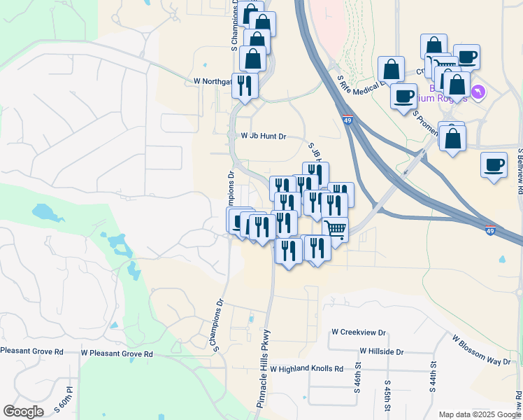 map of restaurants, bars, coffee shops, grocery stores, and more near 5100 West Park Avenue in Rogers