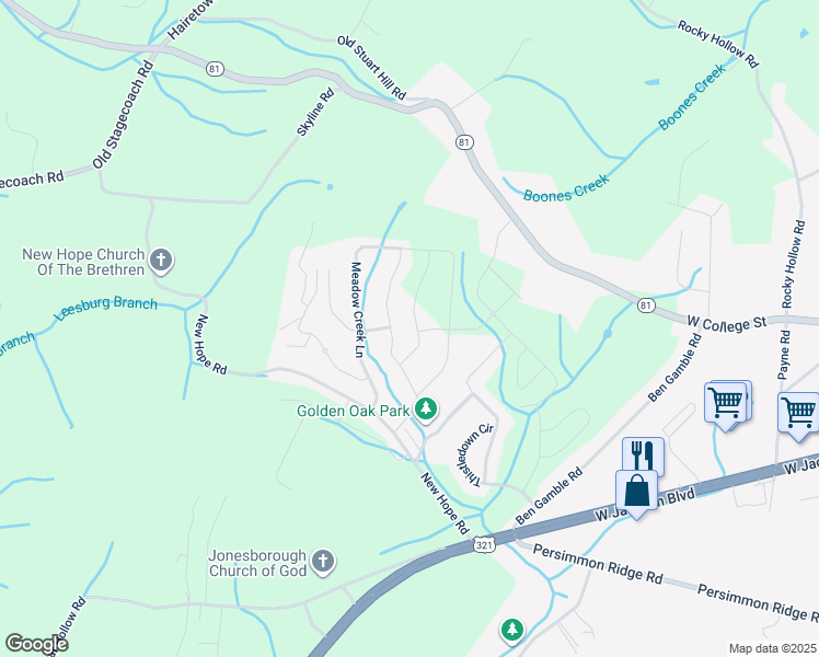 map of restaurants, bars, coffee shops, grocery stores, and more near Meadow Creek Lane in Jonesborough