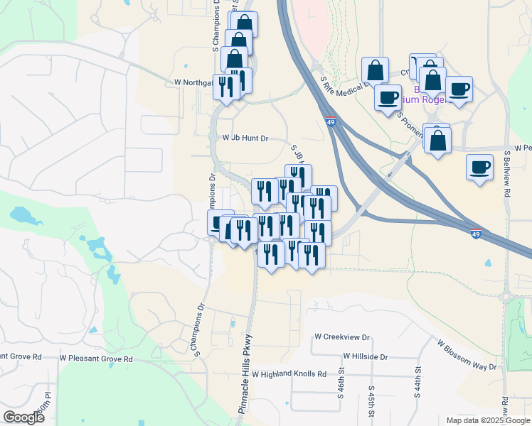 map of restaurants, bars, coffee shops, grocery stores, and more near 4195 South Pinnacle Hills Parkway in Rogers