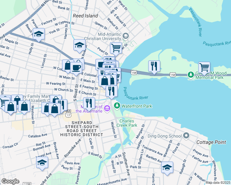 map of restaurants, bars, coffee shops, grocery stores, and more near 707 East Fearing Street in Elizabeth City