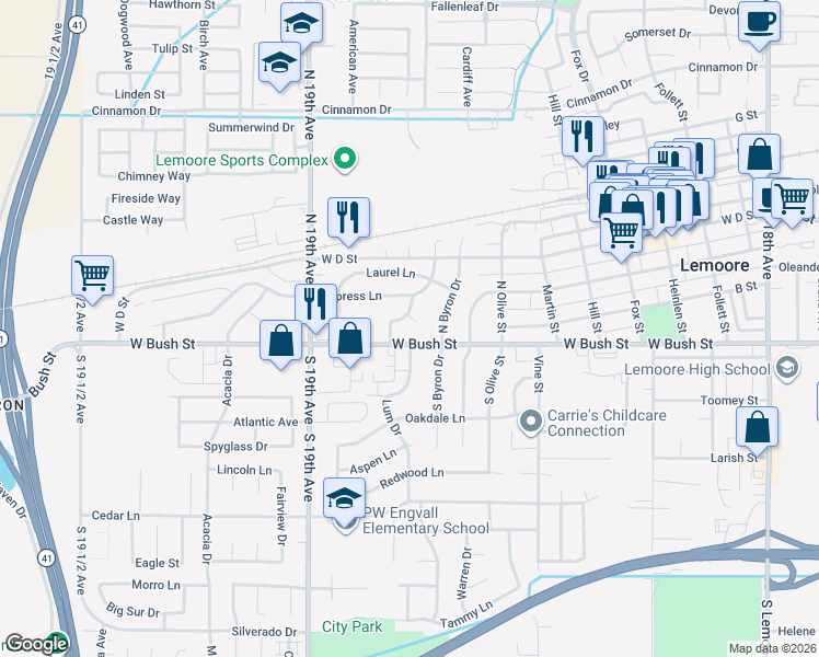 map of restaurants, bars, coffee shops, grocery stores, and more near 60 Willow Court in Lemoore