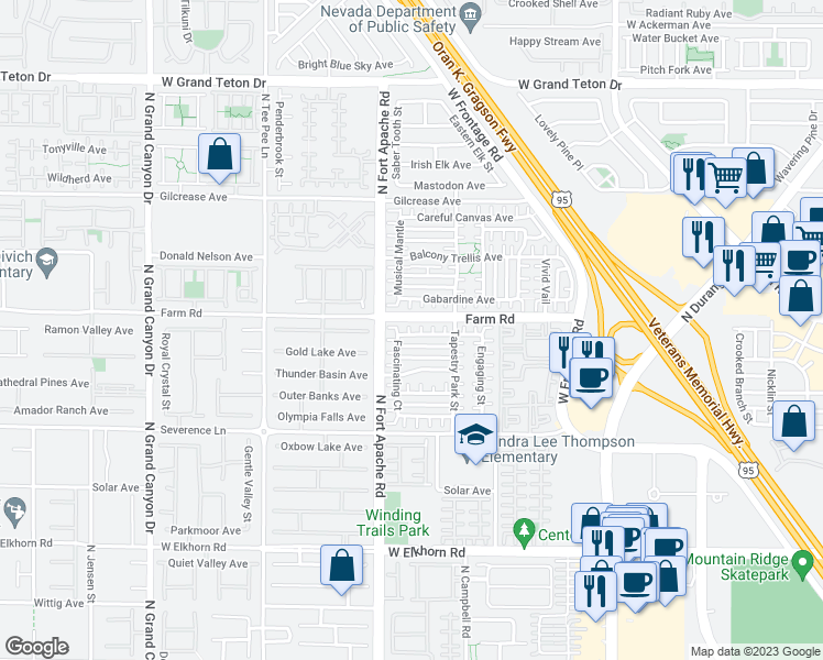 map of restaurants, bars, coffee shops, grocery stores, and more near 7556 Bright Eyed Court in Las Vegas