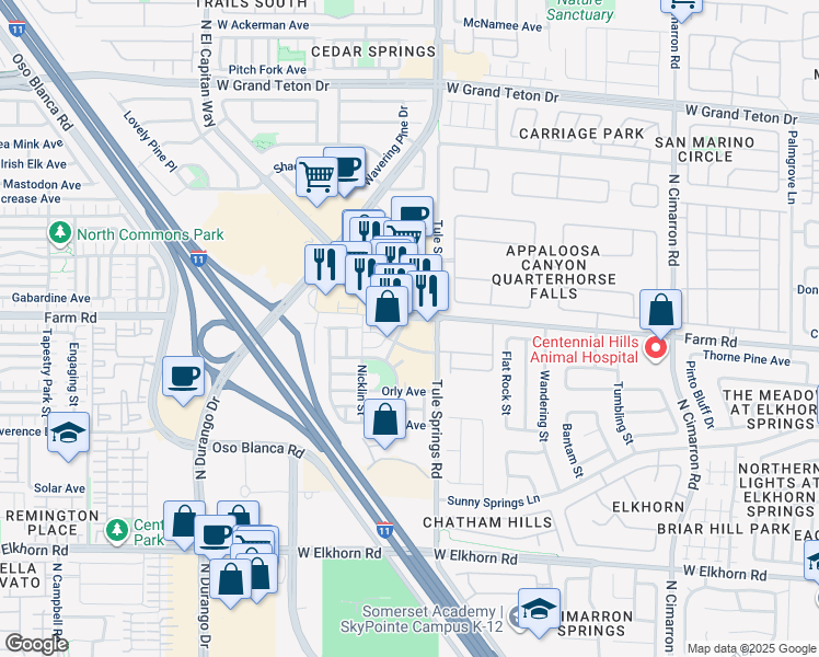 map of restaurants, bars, coffee shops, grocery stores, and more near 7580 Norman Rockwell Ln in Las Vegas