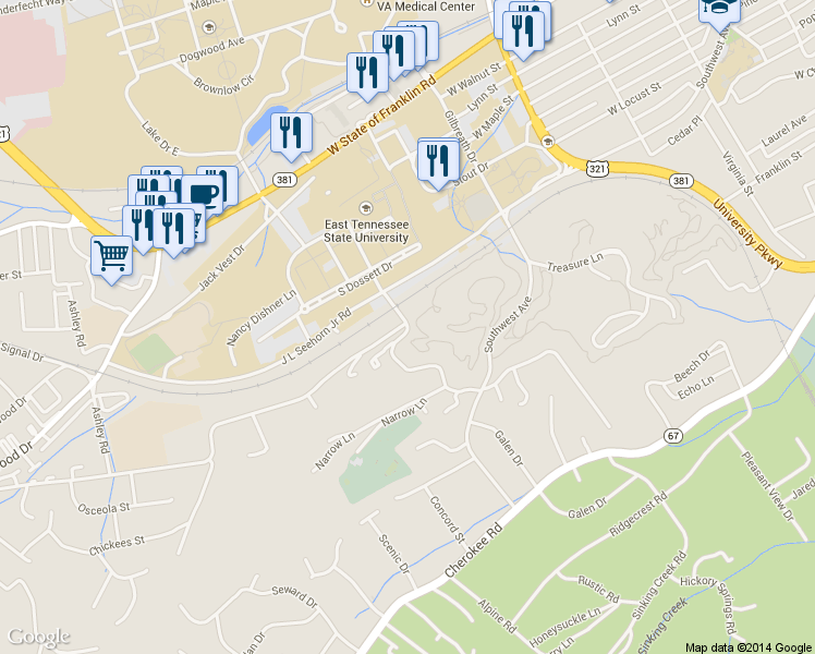 map of restaurants, bars, coffee shops, grocery stores, and more near 1302 College Heights Road in Johnson City