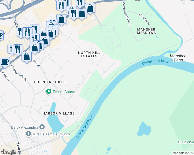 map of restaurants, bars, coffee shops, grocery stores, and more near 2135B East Hill Drive in Nashville