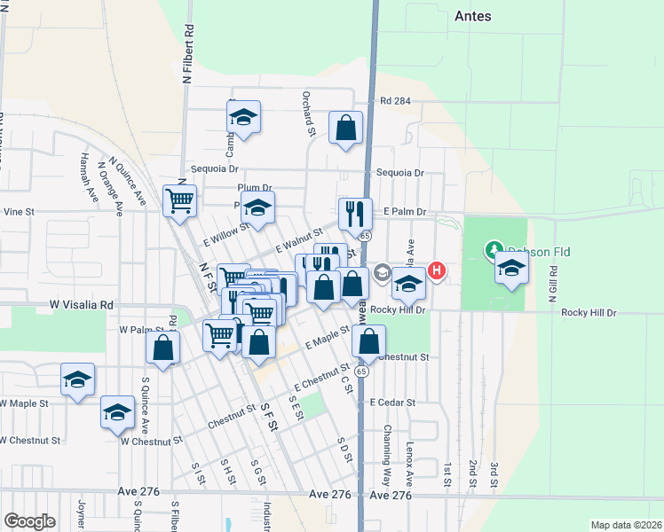 map of restaurants, bars, coffee shops, grocery stores, and more near 141 North B Street in Exeter
