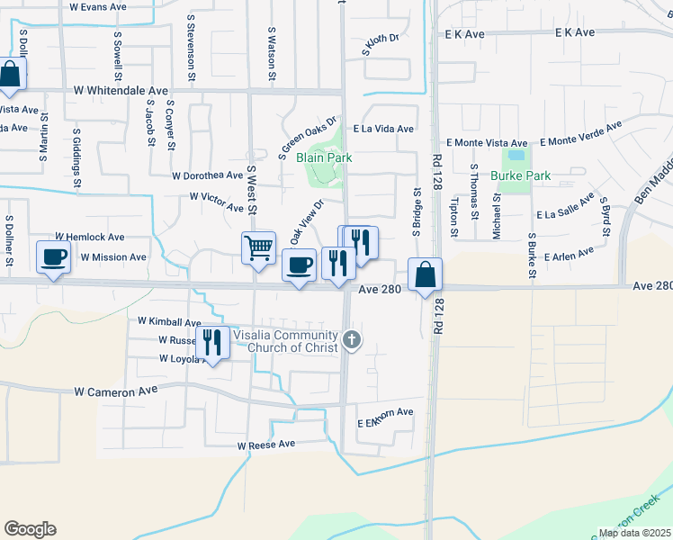 map of restaurants, bars, coffee shops, grocery stores, and more near 124 West Caldwell Avenue in Visalia