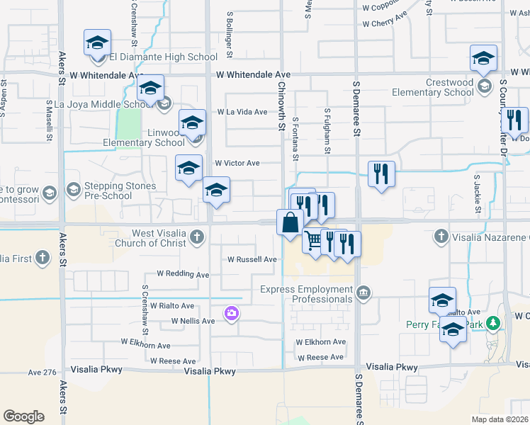 map of restaurants, bars, coffee shops, grocery stores, and more near 4139 West Mission Court in Visalia