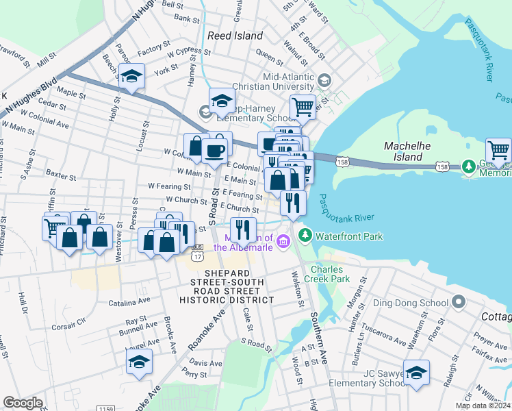 map of restaurants, bars, coffee shops, grocery stores, and more near 400 East Church Street in Elizabeth City