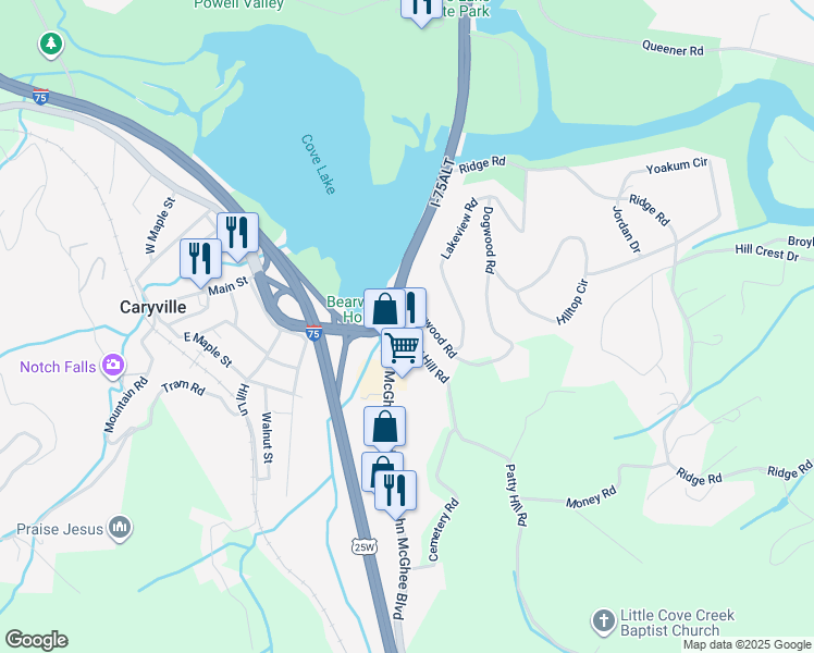 map of restaurants, bars, coffee shops, grocery stores, and more near 132 Patty Hill Road in Caryville