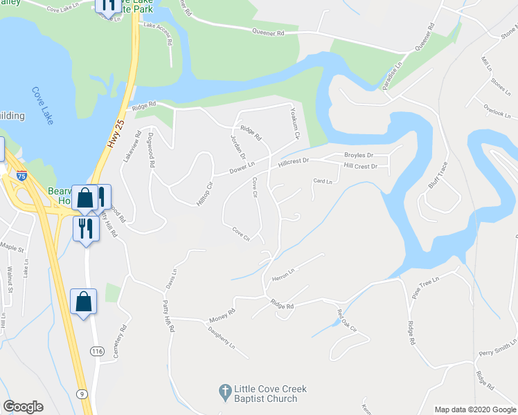 map of restaurants, bars, coffee shops, grocery stores, and more near 391 Cove Circle in Caryville