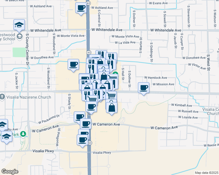 map of restaurants, bars, coffee shops, grocery stores, and more near 1702 West Caldwell Avenue in Visalia