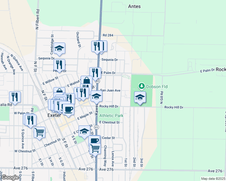 map of restaurants, bars, coffee shops, grocery stores, and more near 916 San Juan Avenue in Exeter