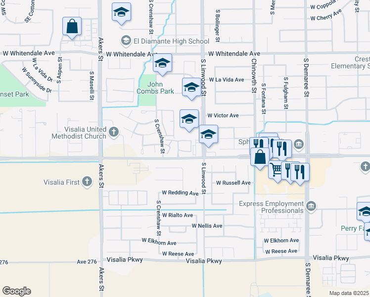 map of restaurants, bars, coffee shops, grocery stores, and more near 4700 West Caldwell Avenue in Visalia
