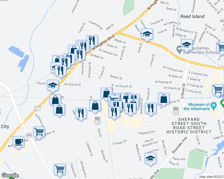 map of restaurants, bars, coffee shops, grocery stores, and more near 305 South Griffin Street in Elizabeth City