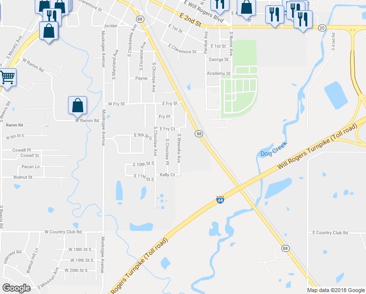 map of restaurants, bars, coffee shops, grocery stores, and more near 1000 South Wewoka Avenue in Claremore