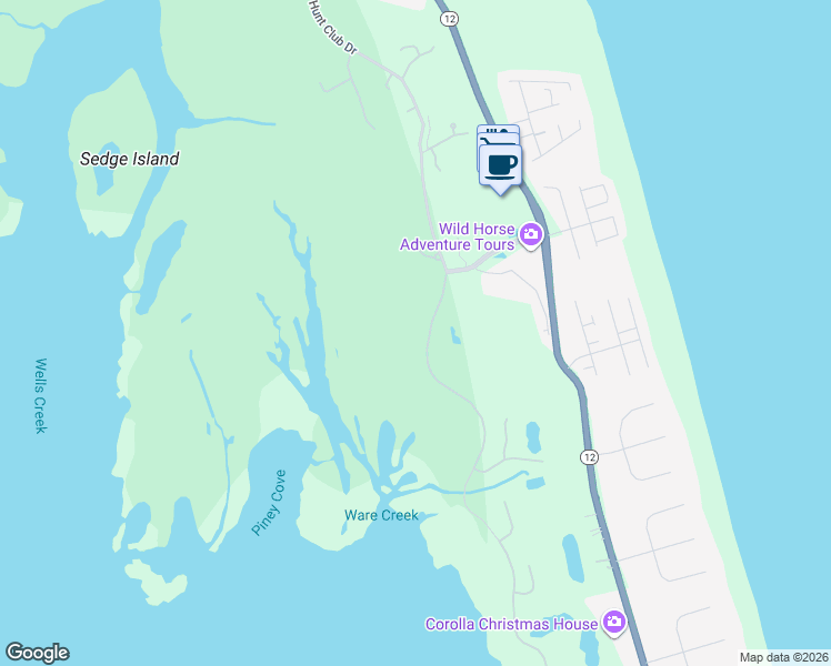 map of restaurants, bars, coffee shops, grocery stores, and more near 608 Hunt Club Drive in Corolla