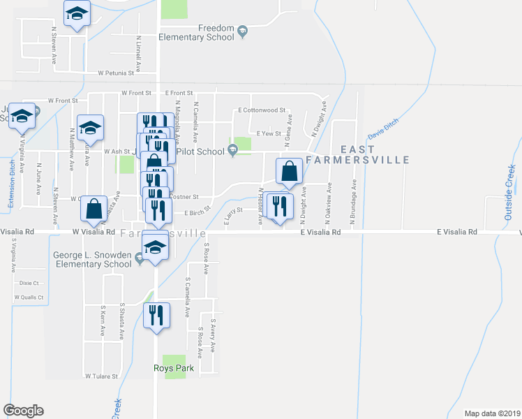 map of restaurants, bars, coffee shops, grocery stores, and more near 198 North Hester Avenue in Farmersville